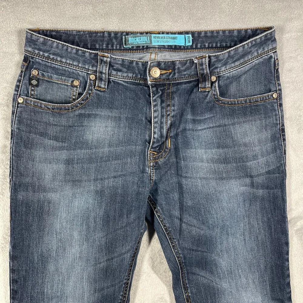 Rock and Roll Denim Revolver Jeans Mens 34x34(32.5)‎ Blue Slim Straight Leg